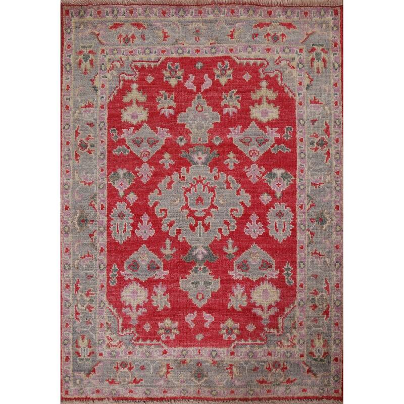 Red Geometric Oushak Turkish Oriental Rug Hand-knotted Wool Carpet - 3'0" x 3'9"
