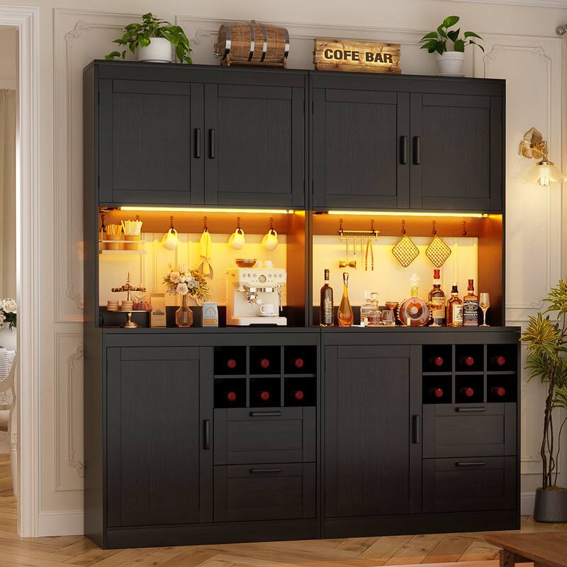 Farmhouse 72" Tall Kitchen Pantry Cabinet with Charging Station, Coffee Bar Cabinet with Hutch and LED Light - 63-In - Black