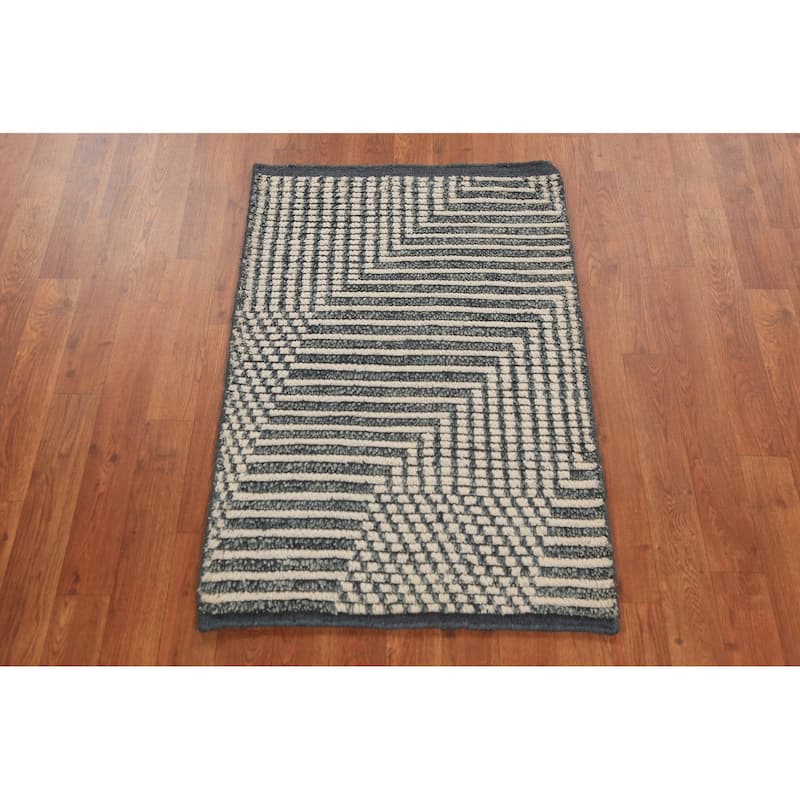 Striped Moroccan Modern Foyer Rug Handmade Beige Wool Carpet - 2'0"x 3'0"
