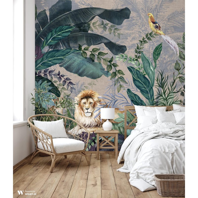 Luxurious Jungle Safari Wallpaper Mural Lions and Tropical Foliage