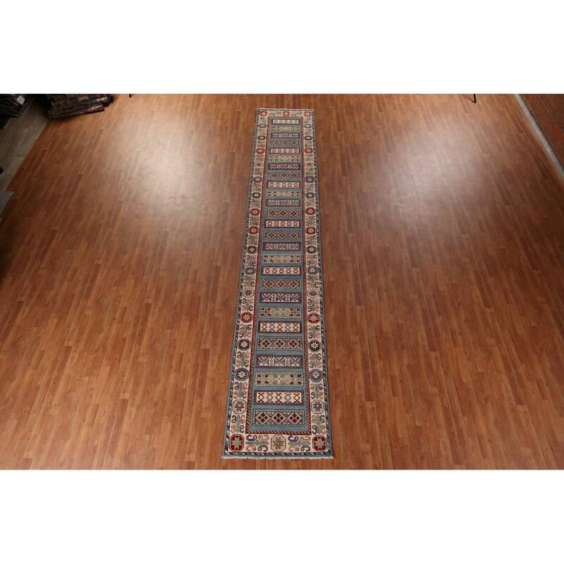 Light Blue Kazak Oriental Runner Rug Handmade Wool Carpet - 3'0" x 16'5"