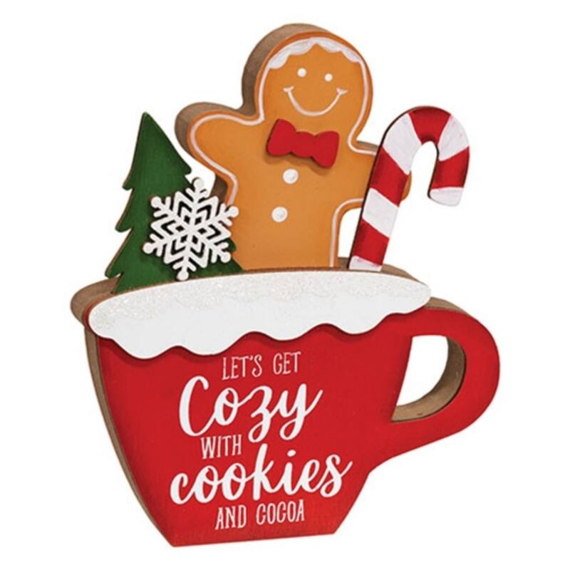 Cozy With Cookies Gingerbread Man in Mug Wooden Sitter - 5.5” x 0.75” x 6.5” - Multi