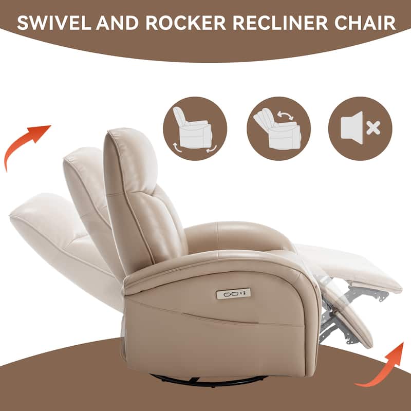 Genuine Leather Power Recliner Chair, 270° Swivel Rocker, USB, Type-C