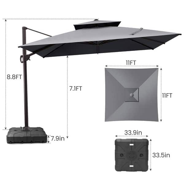 dimension image slide 7 of 9, 11 x 11 FT Outdoor Square Patio Cantilever Offset Umbrella with Crank and 360 Degrees Rotation