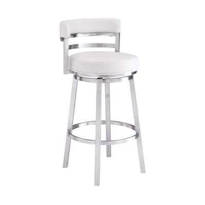 Silver Brushed Iron Frame Swivel Bar Stool with Faux Leather - 21” x 20” x 39” (D x W x H)