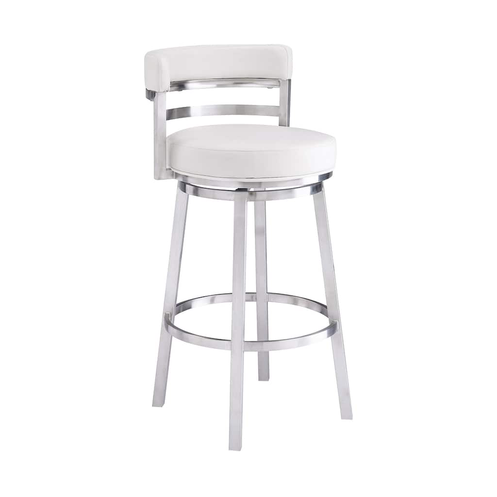 Silver Brushed Iron Frame Swivel Bar Stool with Faux Leather - 21” x 20” x 39” (D x W x H)