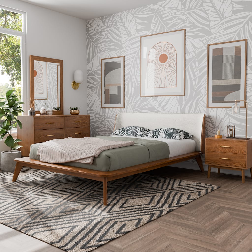 Furniture of America Beau Midcentury 4-Piece Kids Boucle Wingback Low Profile Bedroom Set