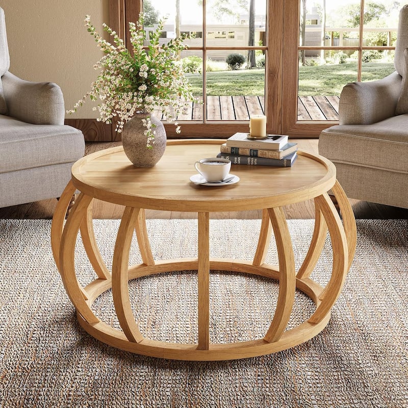 31.5-Inch Round Solid Wood Coffee Table for Living Room, Natural - Natural