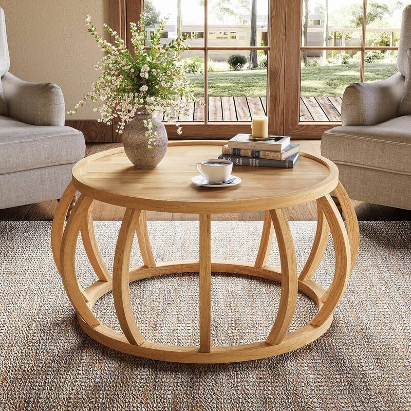 Solid Wood Round Coffee Table, 31.5-Inch Center Table for Living Room, Easy Assembly, Natural