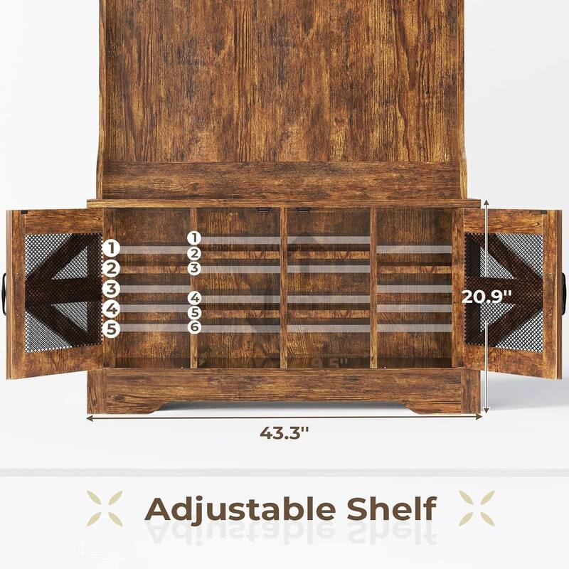 Hall Tree w/ Bench Shoe Storage Shoe Cubby Barn Door Adjustable Shelf
