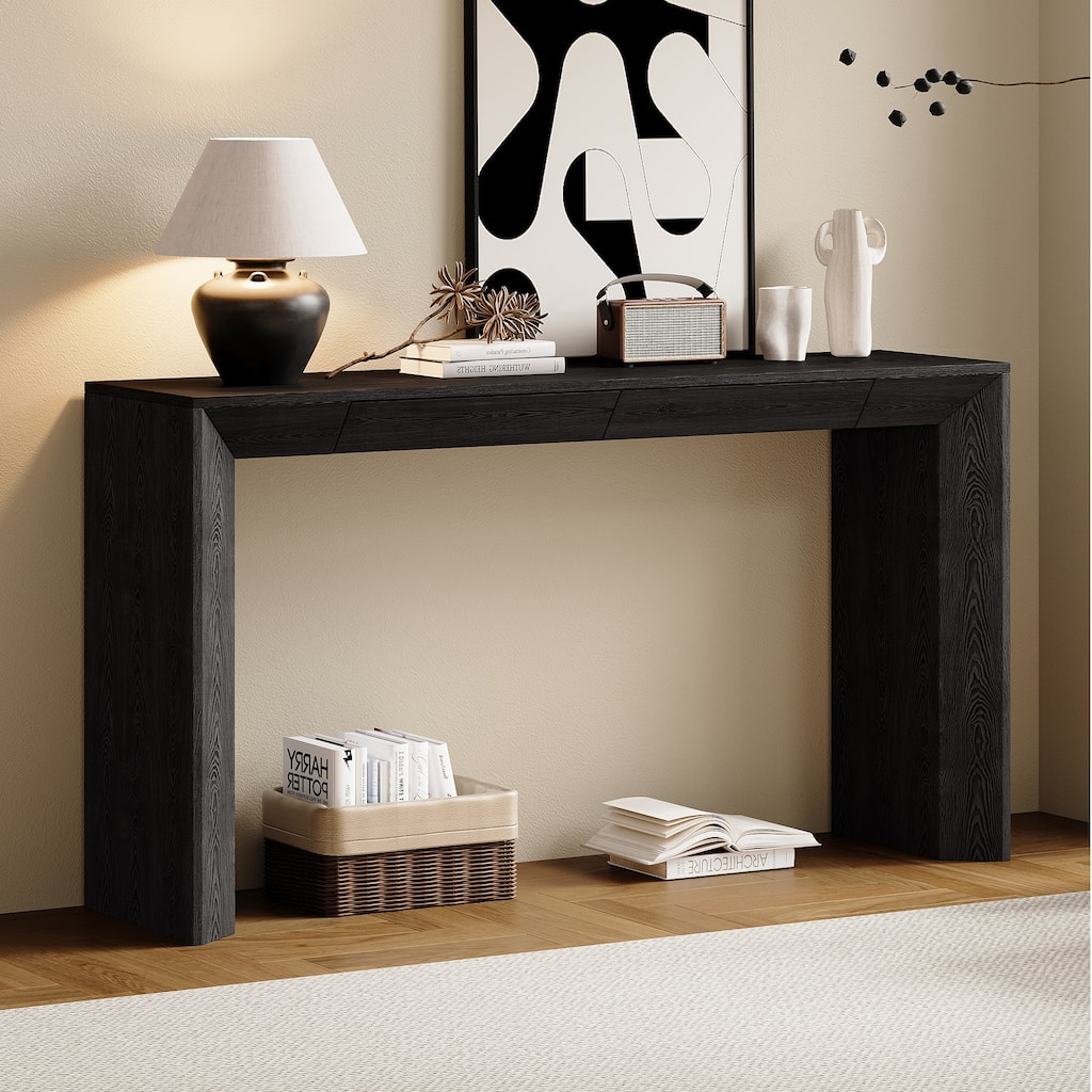 TREXM 60" Modern Farmhouse Console Table with 2 Concealed Drawers, Waterfall Design Entryway Table