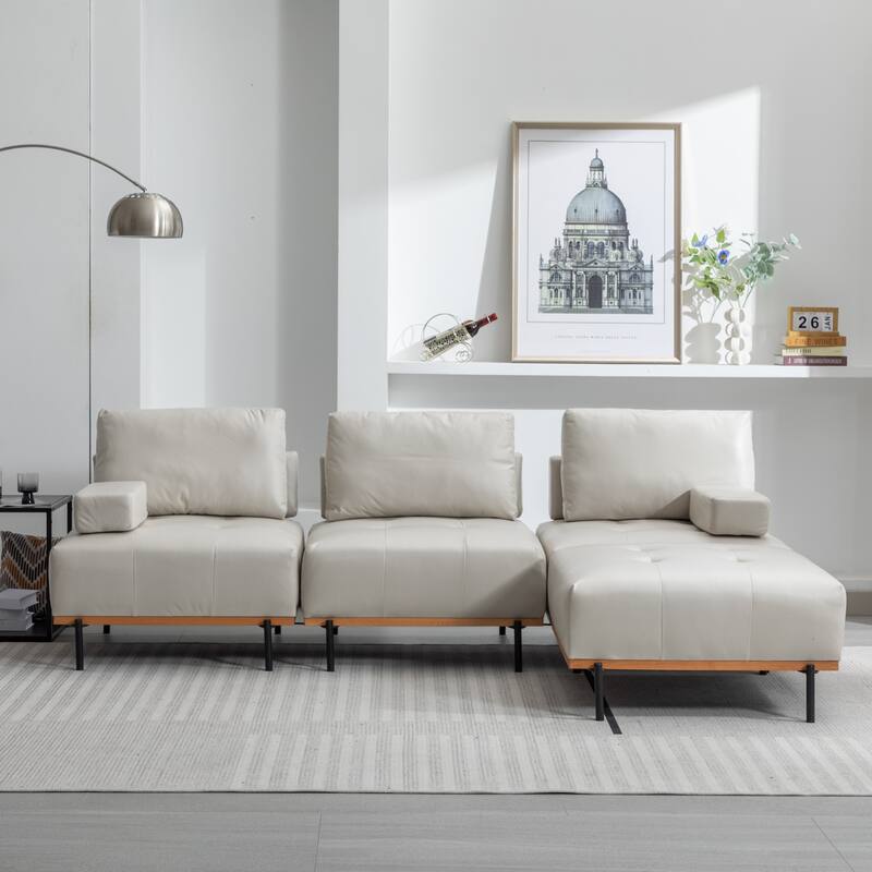 Beige 100.7'' L-Shaped 3-Seat Sofa with Movable Ottoman