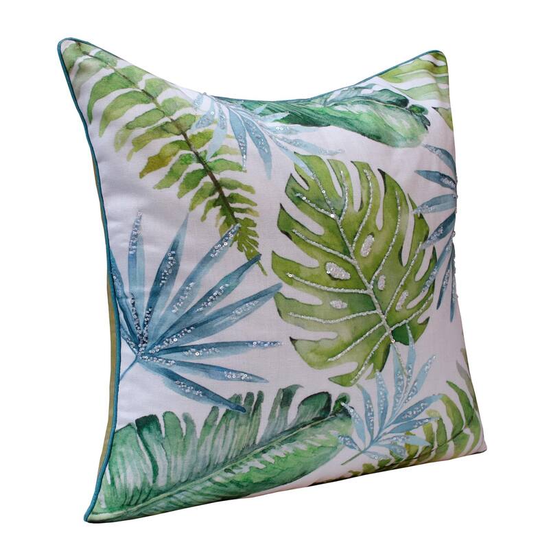 Hand Woven Tropical Leaves Square Throw Pillow - 20" - Green and Blue