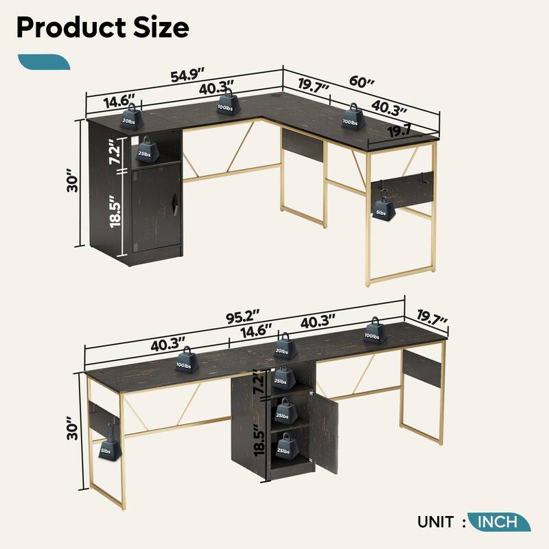 60'' L Shaped Desk with Storage Cabinet Office Computer Desk