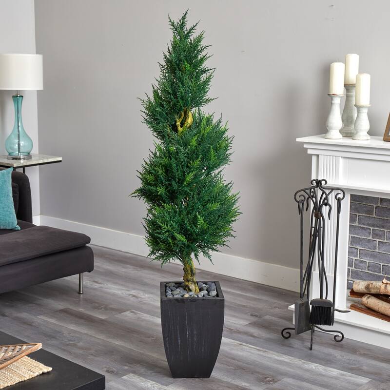 5.5ft Cypress Spiral Artificial Tree in Black Wash Planter with UV Resistant Greenery for Indoor or Outdoor Spaces