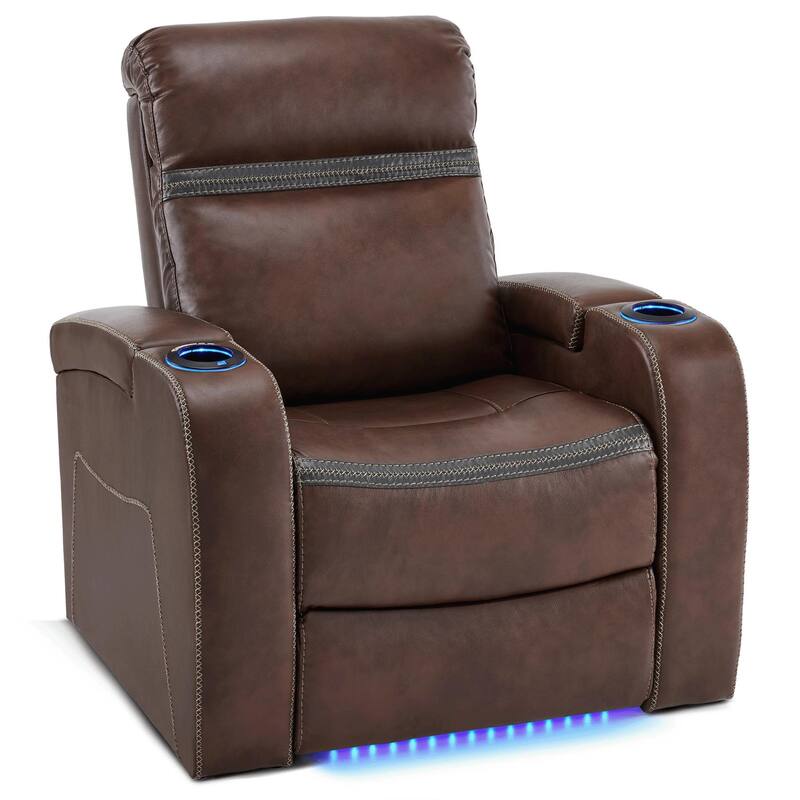 MCombo Power Recliner Chair, Home Theater Seating with Adjustable Headrest, USB Port and LED Light, Faux Leather HTS400 - Brown