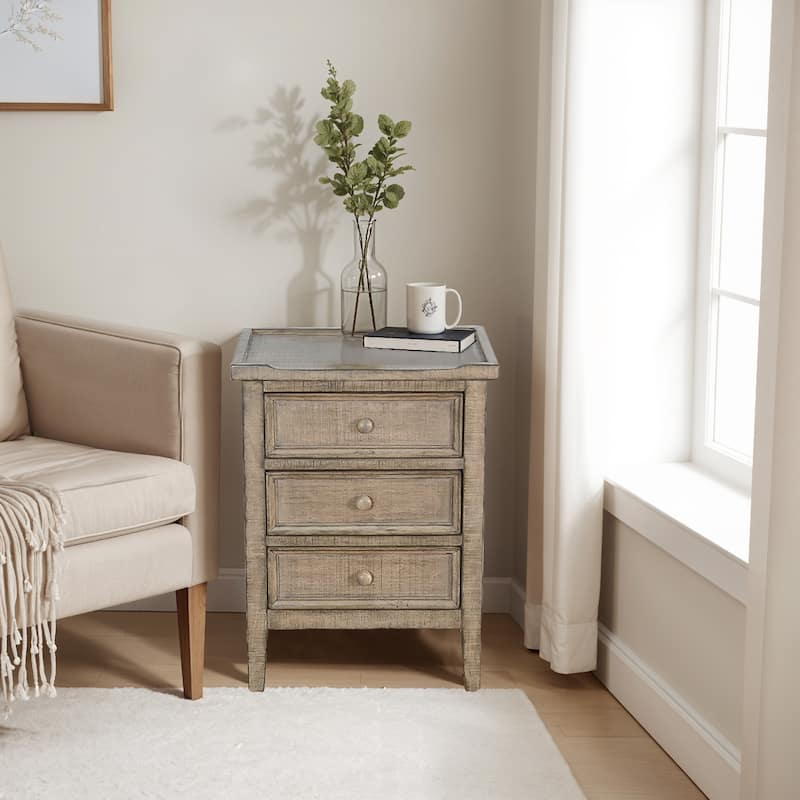 Rena Side End Table | 3 Drawers with Round Knobs | 19" Distressed Pebble Brown Mahogany Wood