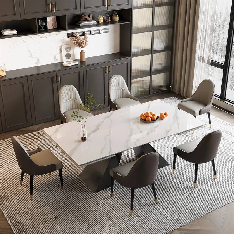 9 - Piece 110.24'' Extendable Sintered Stone Dining Table and 8 Leather Chairs Dining Set