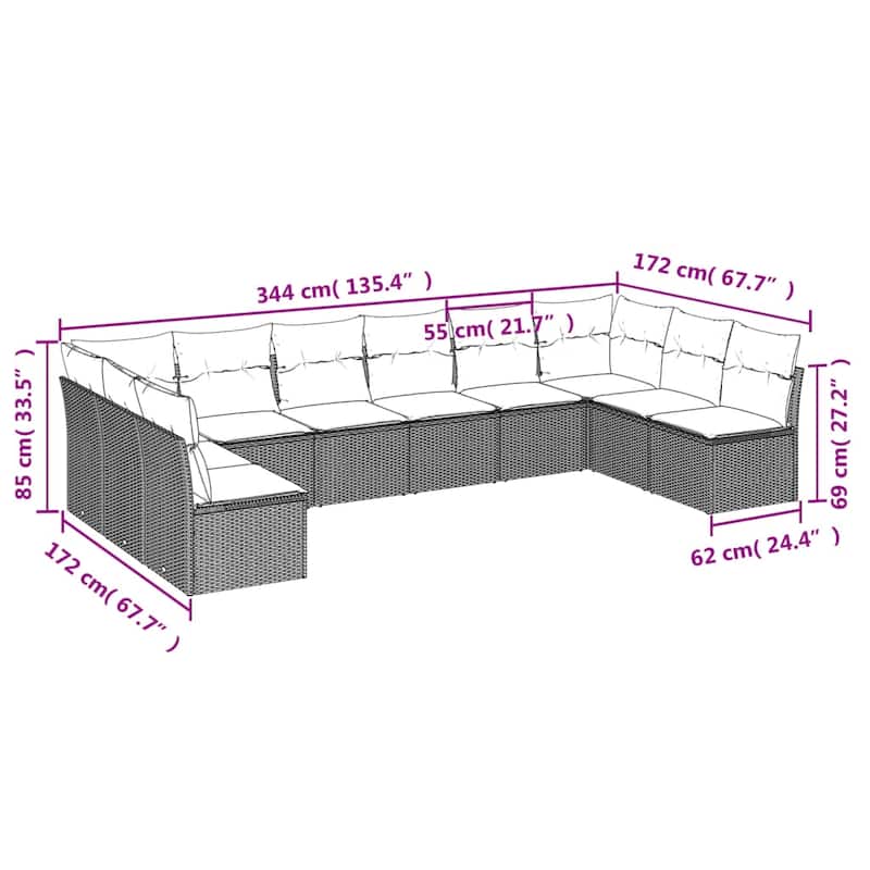 vidaXL 10/11 Piece Patio Sofa Set with Cushions Brown/Gray Poly Rattan - 21.7 x 24.4 x 27.2