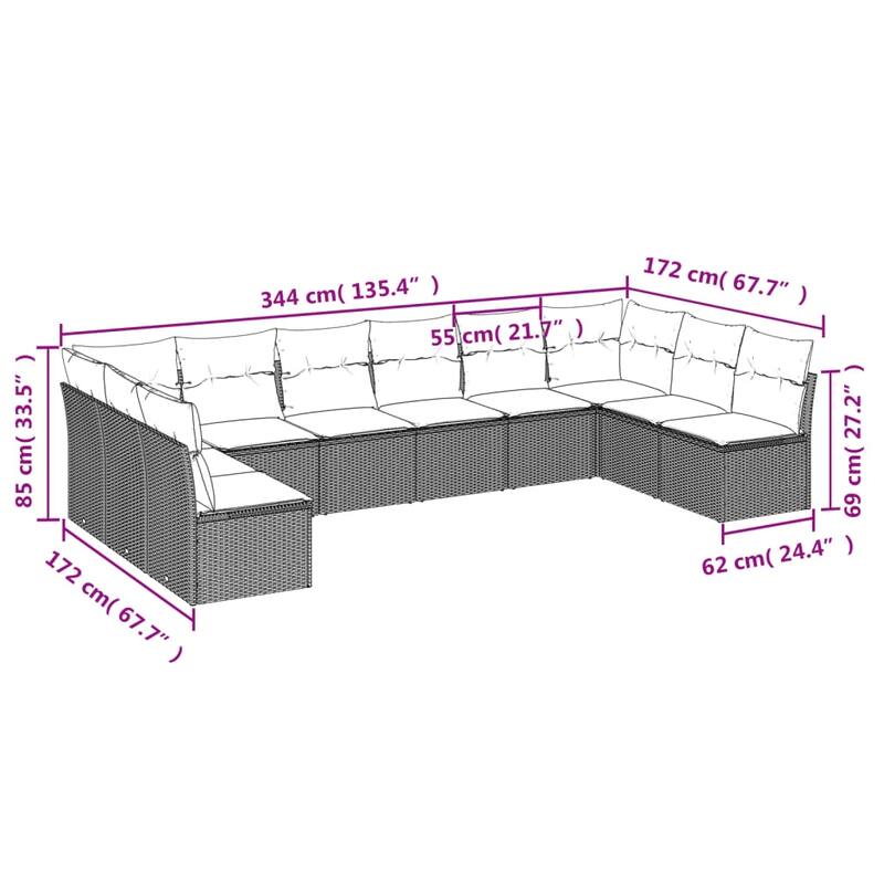vidaXL 10 Piece Patio Sofa Set with Cushions Black Poly Rattan