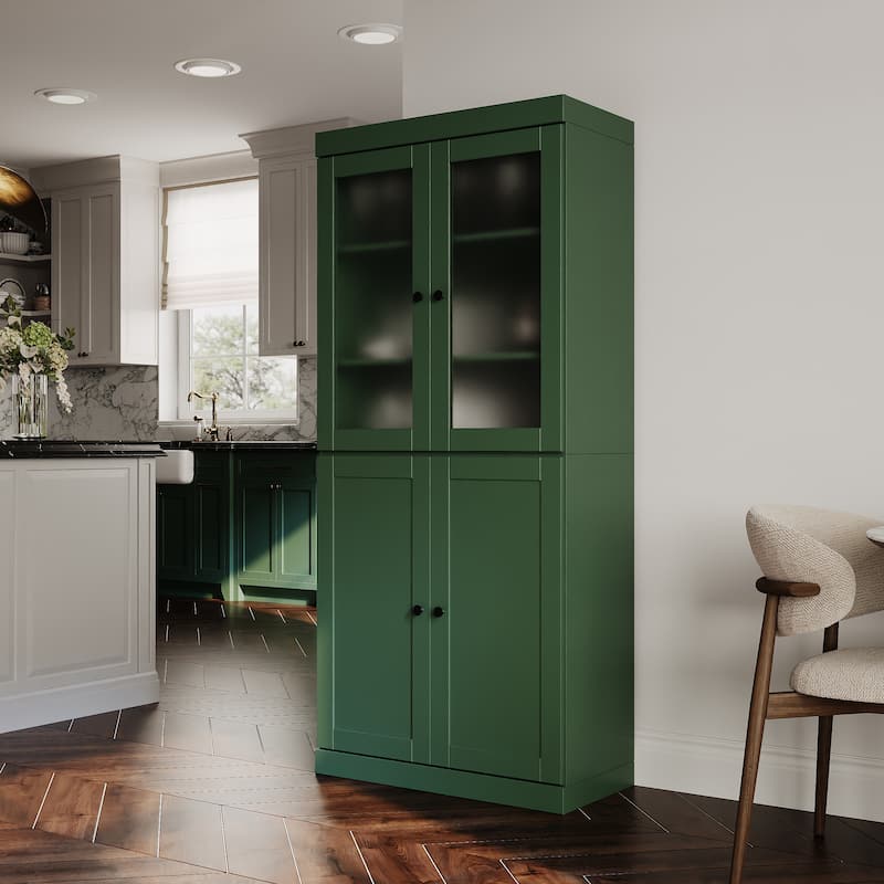 Palace Imports 100% Solid Wood 32" Pantry Cabinet with Frosted Glass, Shaker Doors and Adjustable Shelves - Green