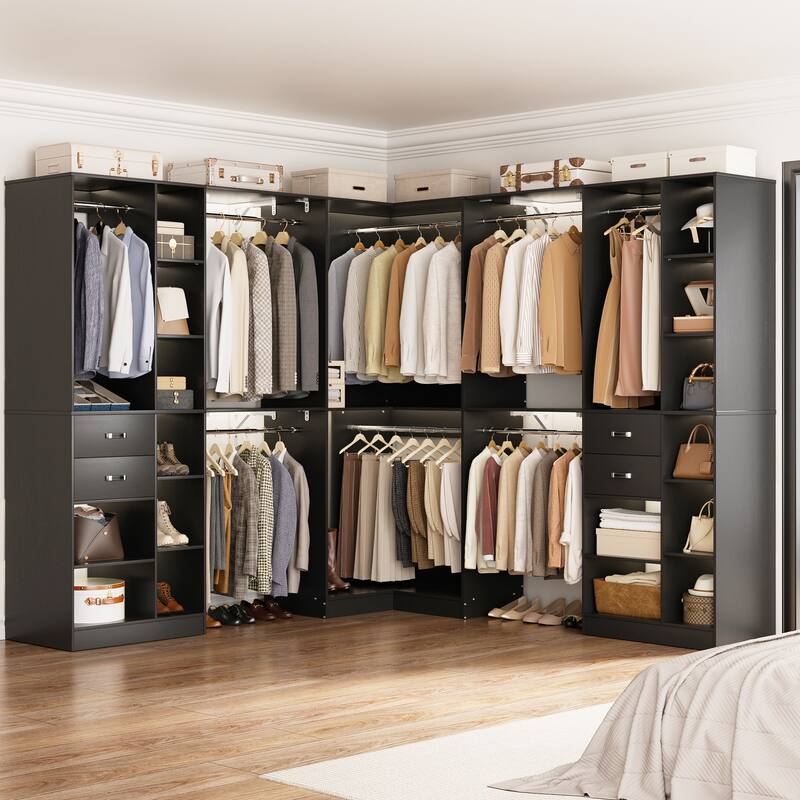 Rackcog 95'' - 188'' Closet System with Hanging Rods, Set of 3 Corner Closet Organizer with Drawers and Shelves - Black