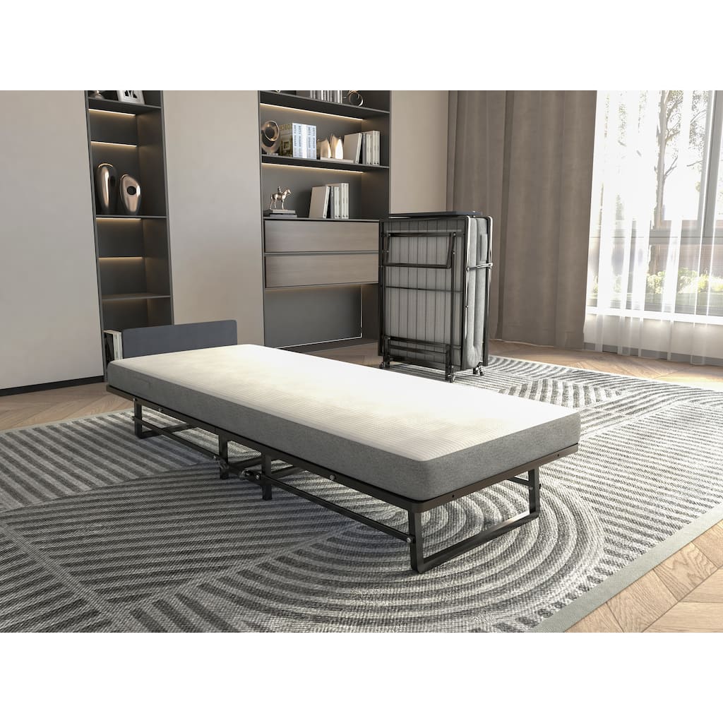 Metal Folding Bed Frame with Foam Mattress of Pockets, Easy Storage and Movable with 4 Castors