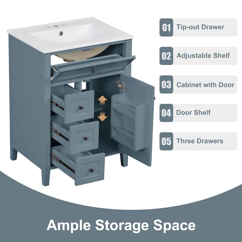 24" Gray Blue Bathroom Vanity with Sink, MDF & Rubberwood Construction, 3 Drawers & Cabinet with Adjustable Shelves