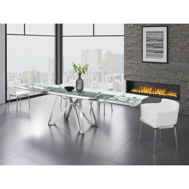 Dcota Manual Dining Table with Brushed Stainless Steel Base and Clear Top