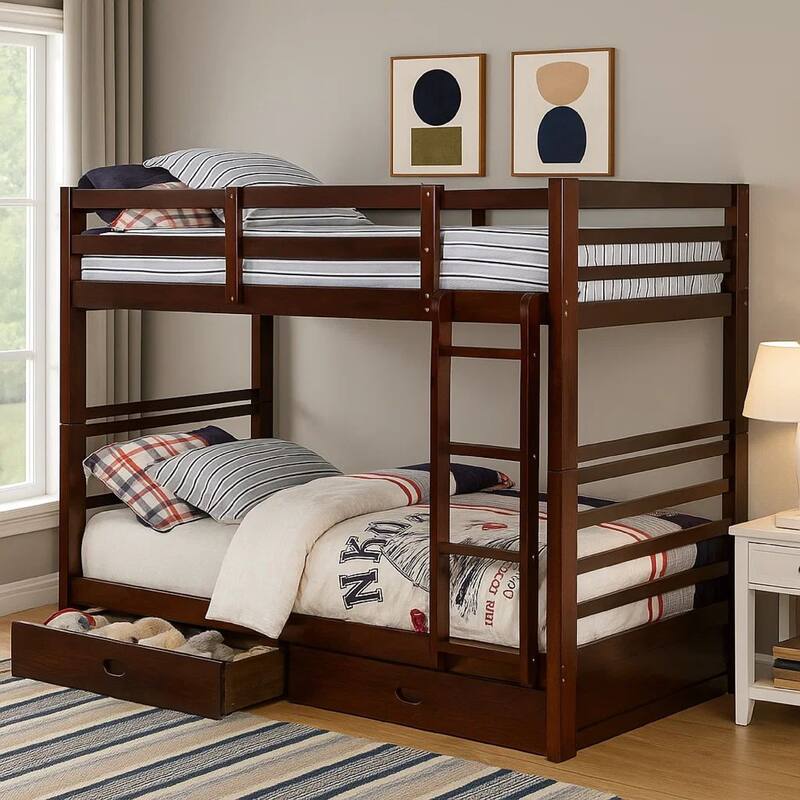 Transitional Twin Over Twin Bed with Attached Ladder and Drawers, Brown