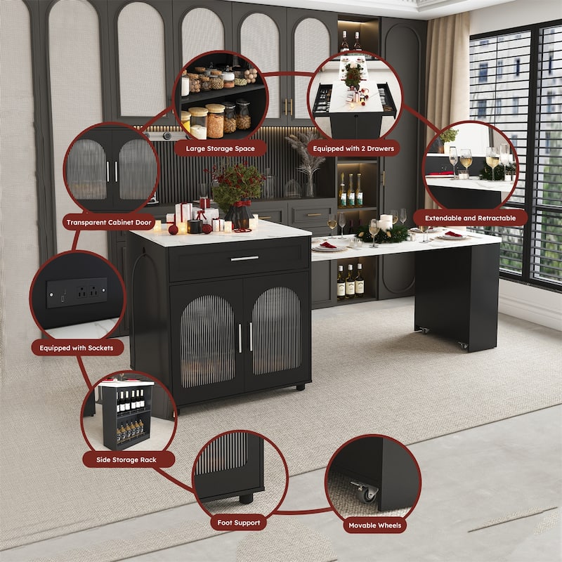80" Expandable Kitchen Island with Dining Table, Mobile Storage Cart with Cabinet