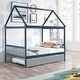 preview thumbnail 3 of 12, Blue Full Size Wood House Bed with Trundle, Roof, and Fence