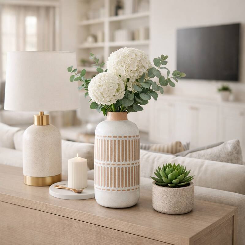 Ceramic Round Patterned Table Flower Vase - Ivory