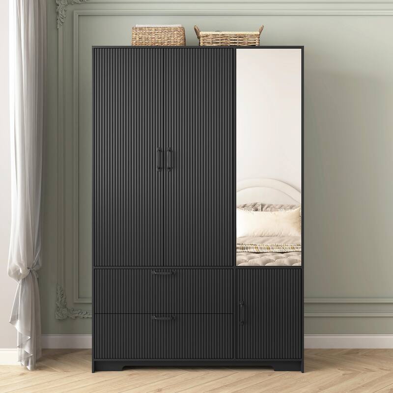 4-Door Wooden Wardrobe Closet with Mirror, LED Lights, 2 Drawers, Hanging Rod & Adjustable Shelves