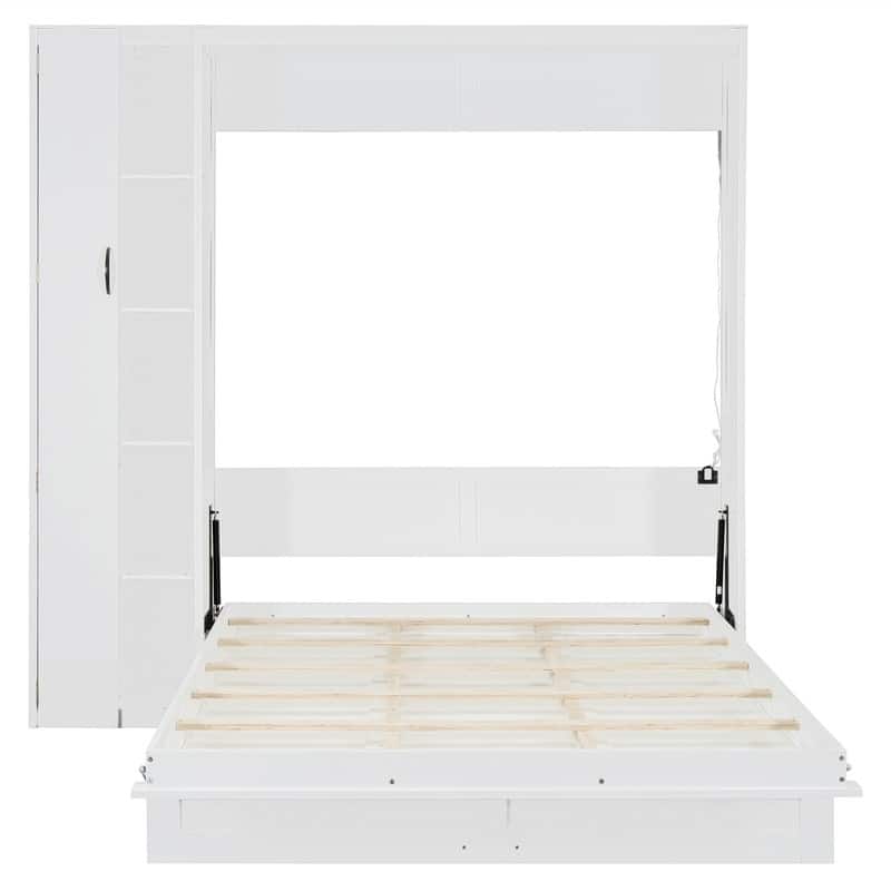 Full/Queen Size Murphy Bed Wall Bed with LED Lights and Storage Cabinet, Foldable Murphy Cabinet Bed with Open Storage Shelves