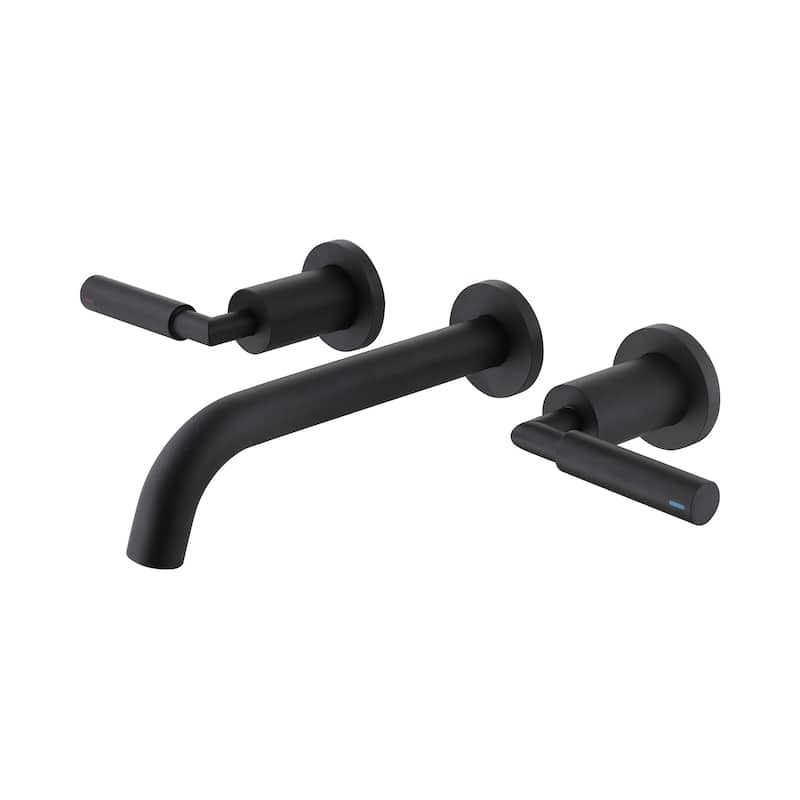 Solid Brass Wall Mounted Widespread 2-Handle Bathroom Faucet With Pop-up Drain Assembly - Matte Black