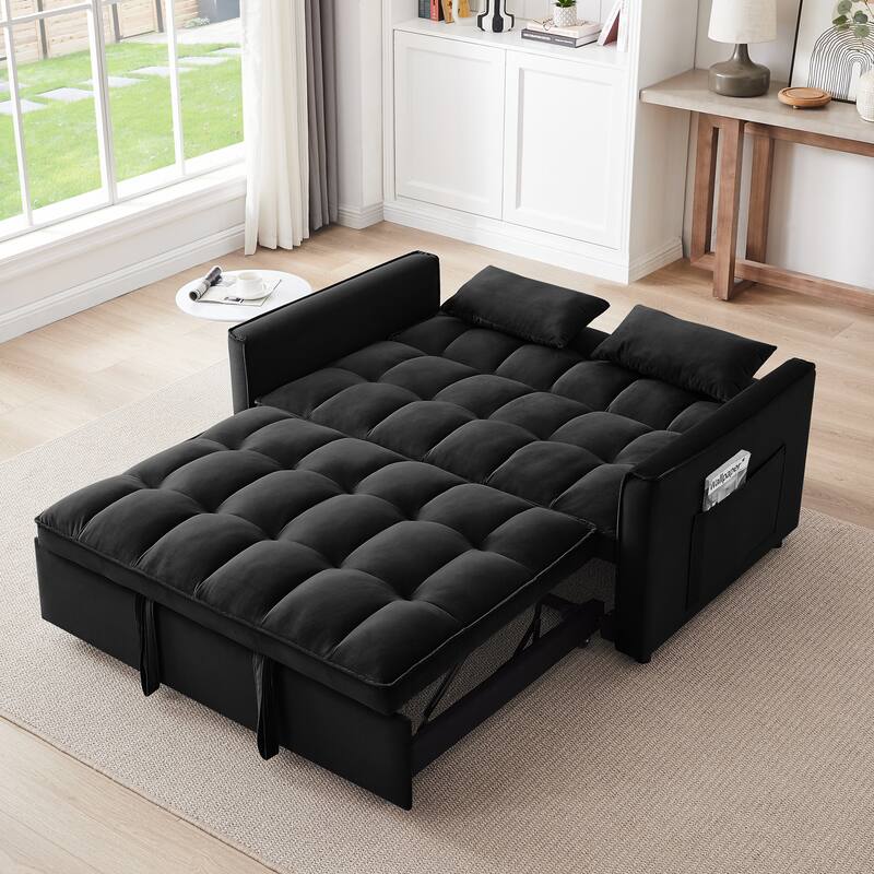 Anmytek 3-in-1 Velvet Sleeper Sofa with Adjustable Backrest and Side Pockets Black Convertible Loveseat