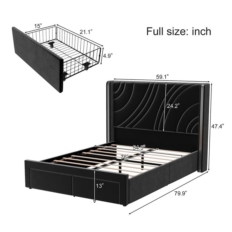 Modern Velvet Upholstered Platform Bed LED Bed Frame with Storage Drawers