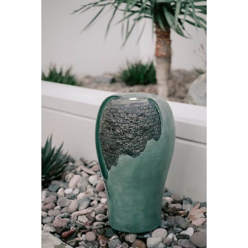 XBrand 25" Tall Modern Round Broken Egg Shell Jar Waterfall Fountain w/LED & Auto Shut Off Pump, Indoor/Outdoor Decor, Turquoise