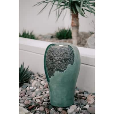 XBrand 25" Tall Modern Round Broken Egg Shell Jar Waterfall Fountain w/LED & Auto Shut Off Pump, Indoor/Outdoor Decor, Turquoise