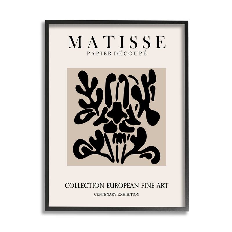 Stupell Abstract Contemporary Black Floral Design Matisse Typography Framed Wall Art - Off-White