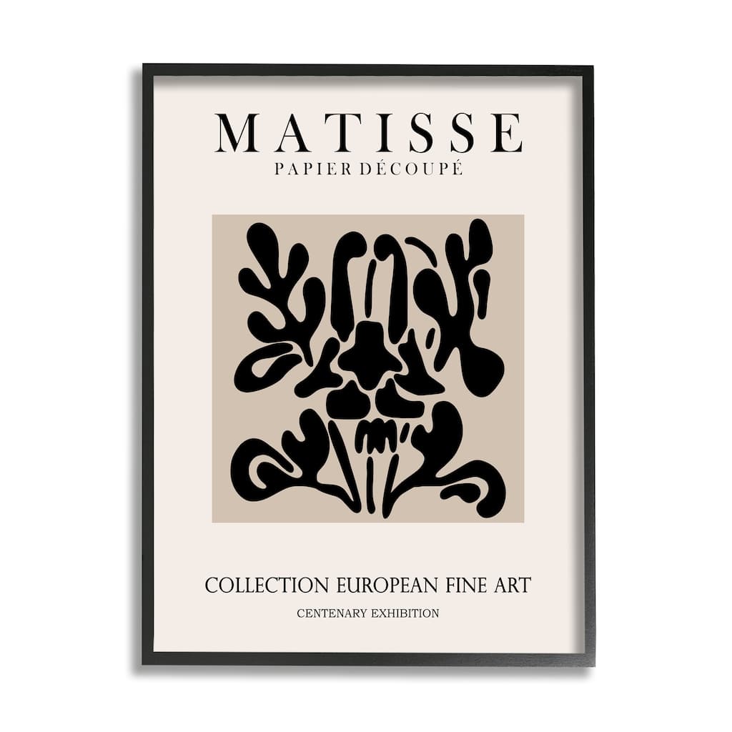 Stupell Abstract Contemporary Black Floral Design Matisse Typography Framed Wall Art - Off-White