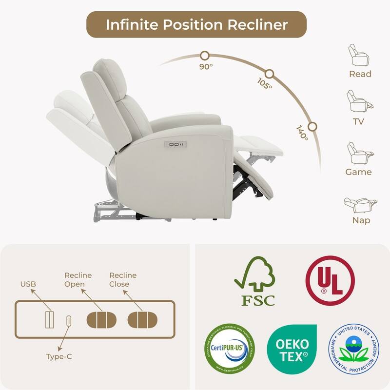 Spruce & Spring Power Recliner Chair Wall Hugger with USB & Type-C Charge
