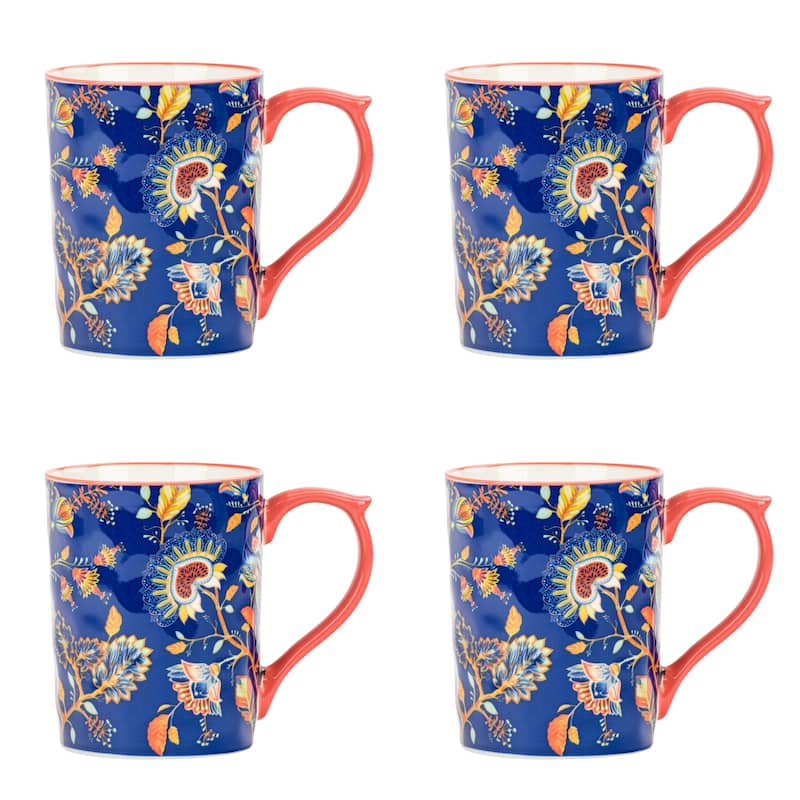 10 Strawberry Street Sylvie Flora Mugs, Set of 4 - Dark Jacobean Floral