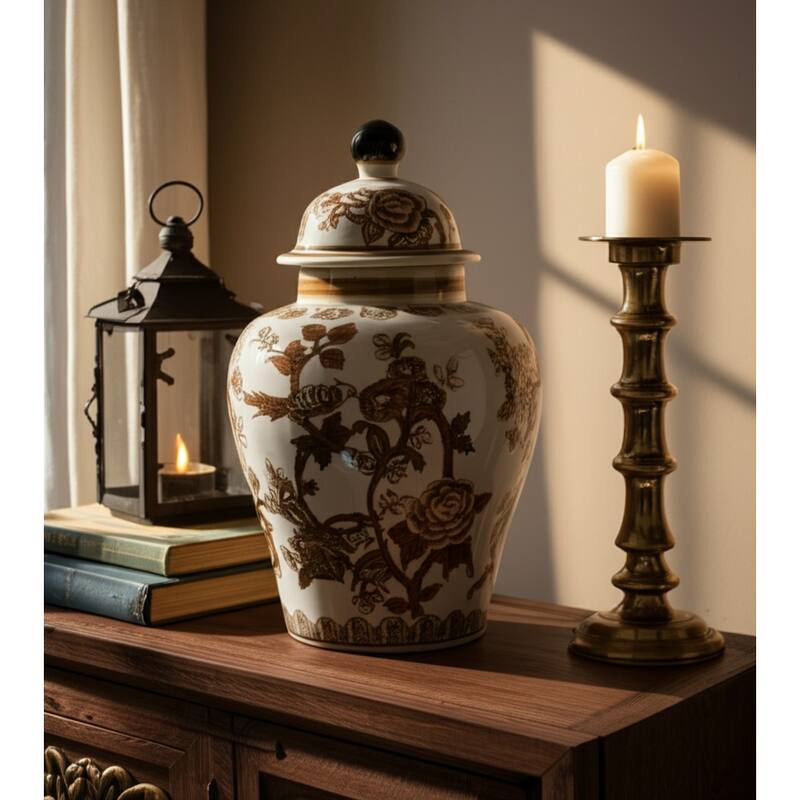 Stoneware Jar Chinoiserie Floral Bird Design Home Office - 12" Brown