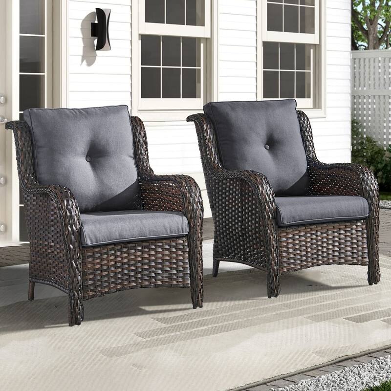Outdoor Wicker High Back Club Chair Set of 2 - Grey - Brown
