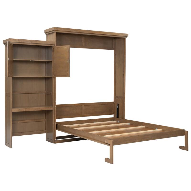 Queen Size Murphy Bed Convertible Louvered Style Cube Cabinet Foldable Platform Bed with Side Storage Bookcase Cabinet Shelves