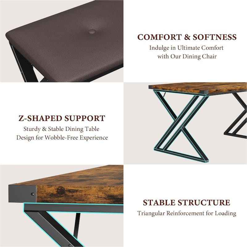 3 Piece Z-Shaped Leg Dining Table with 2 Benches, Space-Saving