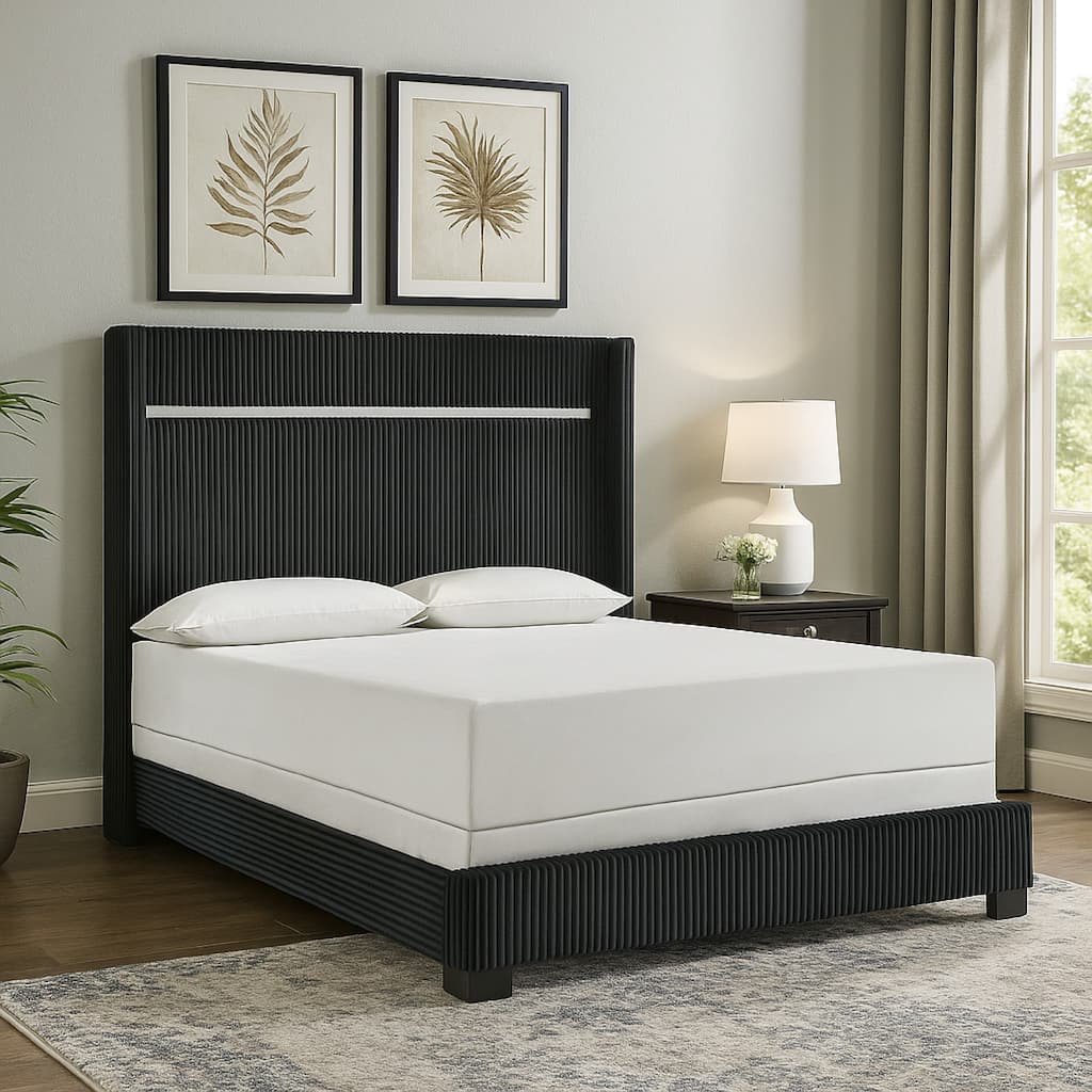 Geny King Size Bed w Channel Tufted Headboard, Silver Trim, Black