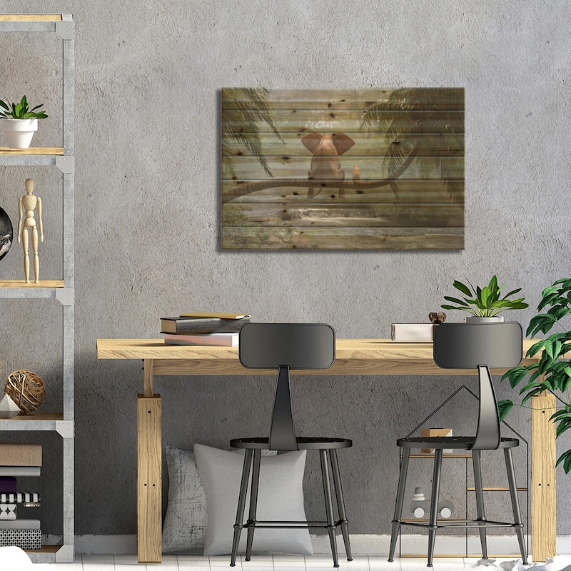 Elephant And Dog Sit On A Palm Tree In Tropical Forest Print On Wood by Mike Kiev - Multi-Color